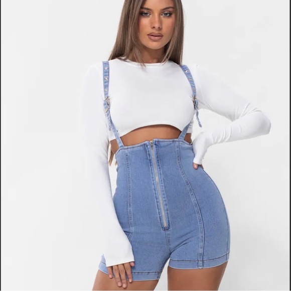 Denim Suspender Romper With Crop Top Set - Picture 4 of 4